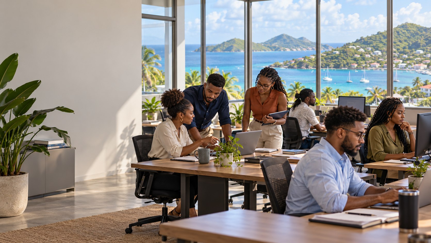 Caribbean professionals working in an office overlooking the coast